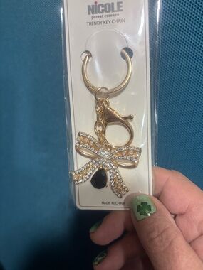 Nicole Gold Bow Keychain with Clear Crystals and Black Teardrop